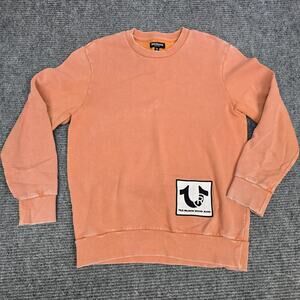 True Religion Mens Sweatshirt S Faded Coral Orange Logo Patch Crewneck Pullover
